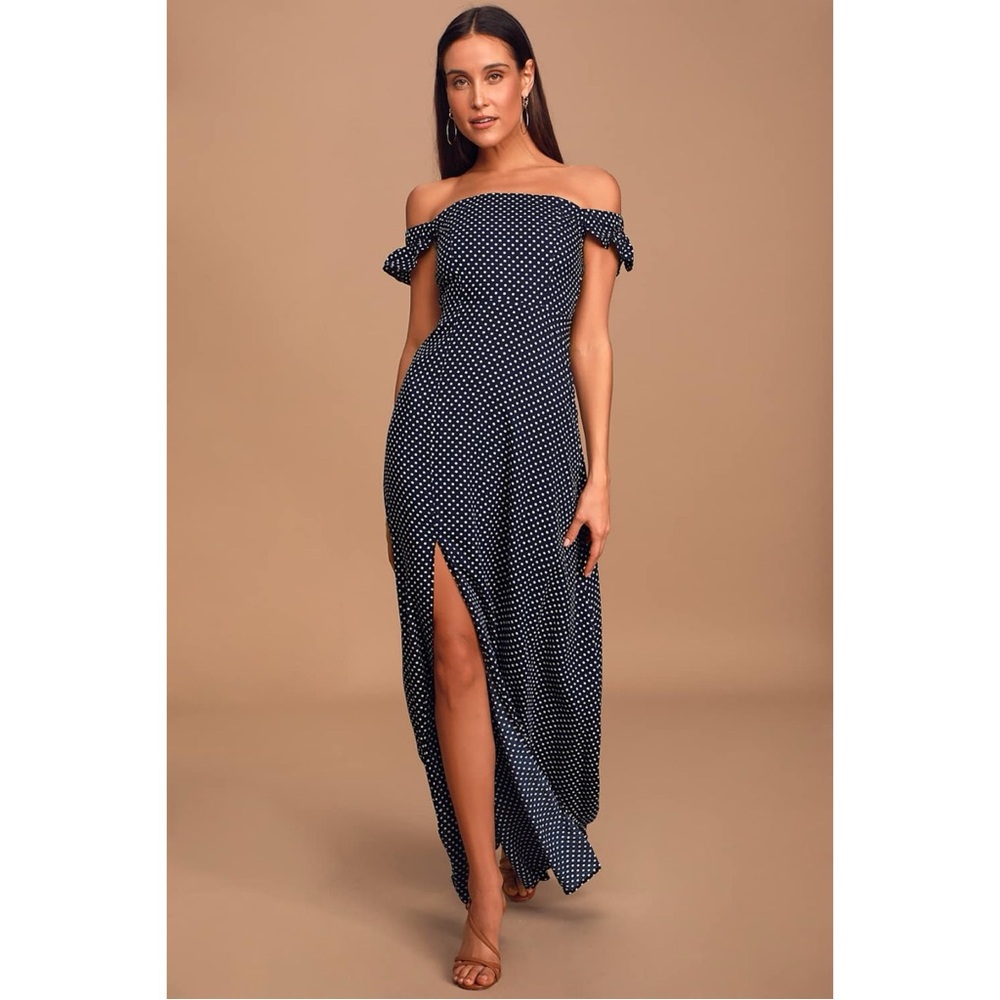 Lulus Dream Love Navy Blue Polka Dot Off-The-Shoulder Maxi Dress